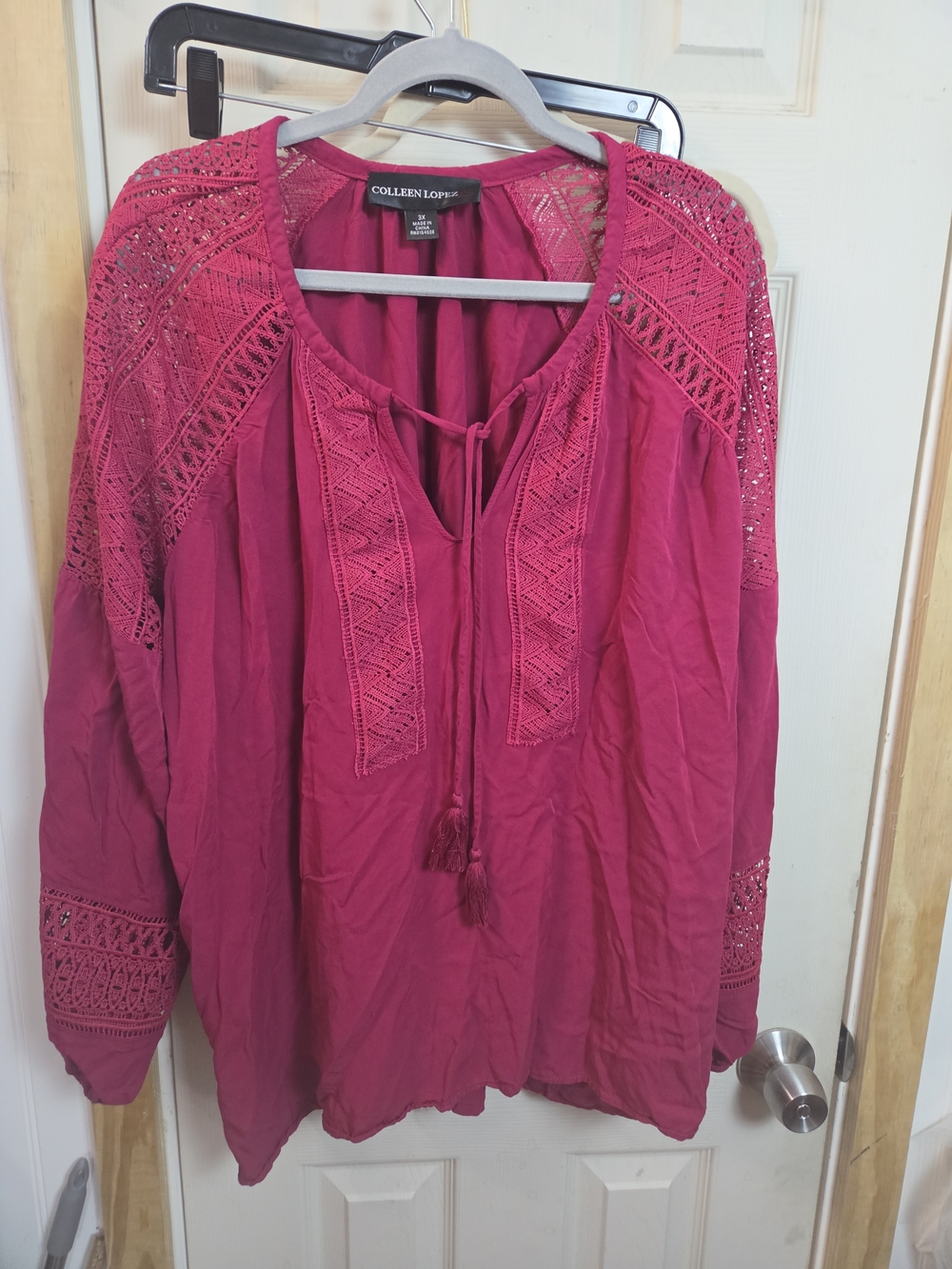 Boho Western Tunic Colleen Lopez Women's Fuchsia Crochet Peasant Top